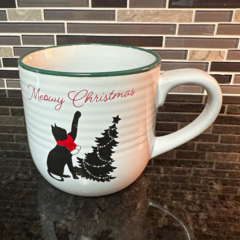 Meowy Christmas Cat & Tree White Ceramic Coffee Mug Microwave Dishwasher Safe